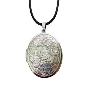 New Floral Engraved Oval Locket Pendant Necklace With 18" to 20" Cord Keepsake J